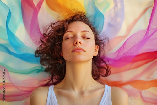 Woman engaged in breathwork meditation with colorful lsd microdosing experience