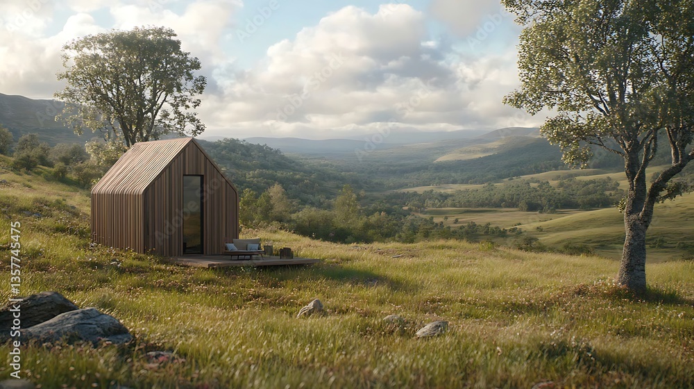 Fototapeta premium Secluded wooden cabin in scenic valley.