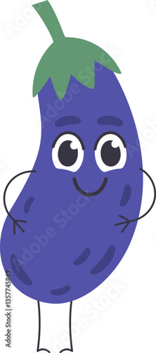 Cartoon eggplant character standing with hands on hips and a cheerful smile, embodying the essence of healthy eating and promoting a vibrant vegetarian lifestyle
