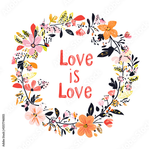 Floral wreath with Love is Love message for Pride Month

