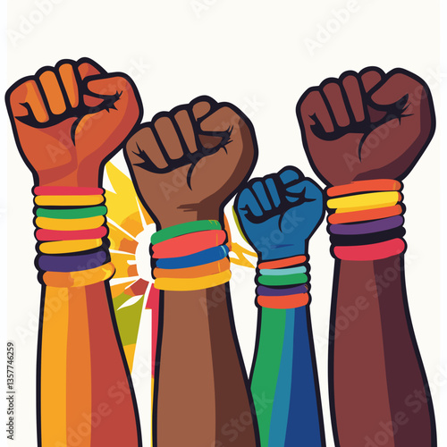 Raised fists with rainbow wristbands symbolizing LGBTQ+ pride

