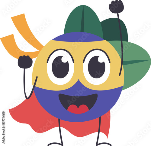 Funny superhero fruit character wearing a mask and a cape raising fists and celebrating, brave fruit mascot in cloak costume isolated vector icon