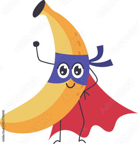 Cartoon illustration of a smiling banana wearing a superhero mask and cape raising its fist, showing strength, courage, and healthy eating habits