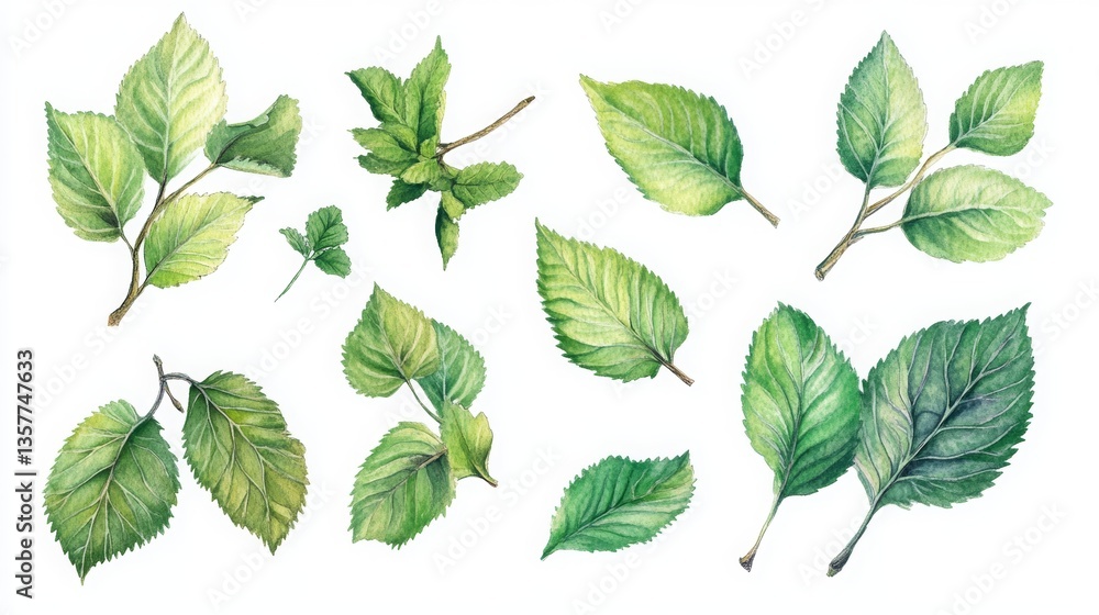 Watercolor spring leaves set, hand-drawn greenery elements. Watercolor spring leaves set, hand-drawn greenery elements.