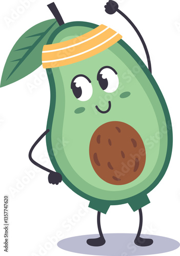 Cartoon avocado character wearing a headband and doing fitness exercises, promoting healthy lifestyle and sports activities in a funny and engaging way