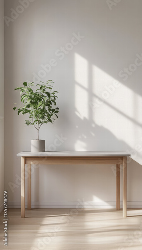 minimalist workspace featuring sleek wooden desk with potted plant, casting soft shadows on light wall. serene atmosphere promotes focus and creativity