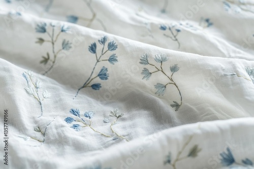 Delicate white fabric with embroidered blue floral sprigs, soft texture.