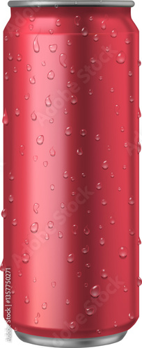 Realistic red aluminum can adorned with glistening water droplets, creating a refreshing and cool look, ideal for representing a variety of beverages in marketing and advertising