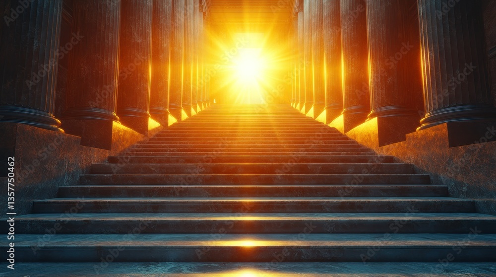 Naklejka premium Ancient pathway to enlightenment. Sunlight beams through columns, illuminating steps to a divine destination