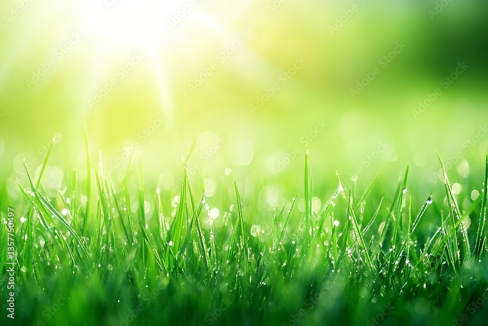 Sunlit dew-covered grass blades in serene green meadow at sunrise Sunlit dew-covered grass blades in serene green meadow at sunrise