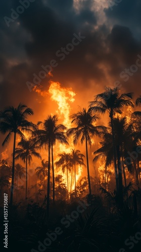 Dramatic scene of burning palm trees against darkening sky in lush jungle setting