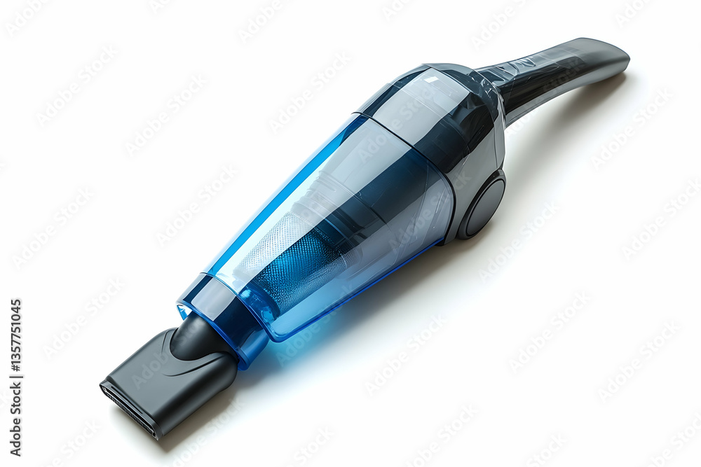 A blue and black handheld vacuum cleaner on white surface A blue and black handheld vacuum cleaner on white surface