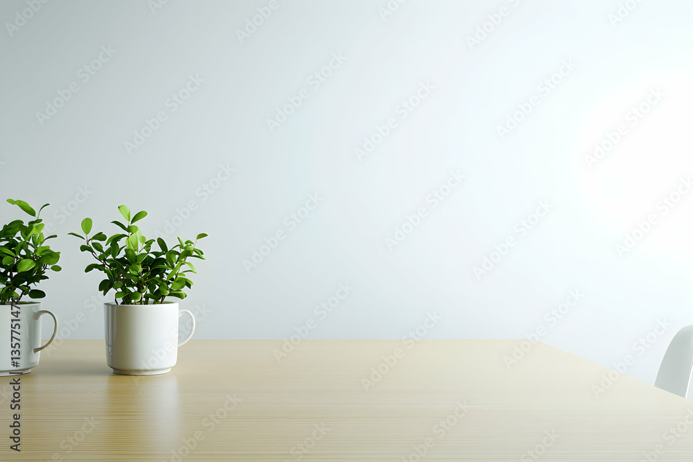 Green Plants in White Mugs on Table Against a Plain Wall Green Plants in White Mugs on Table Against a Plain Wall