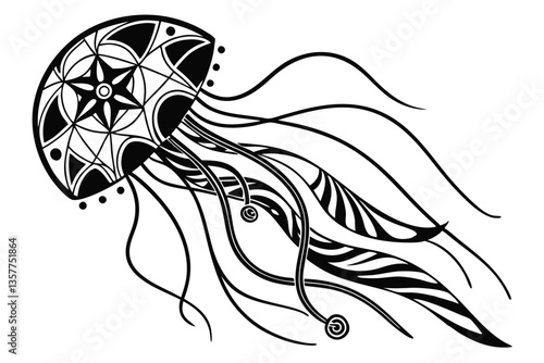 6 jellyfish silhouette, black and white illustration, flowing tentacles, minimalist design, marine life, geometric patterns, abstract art, negative space, stylized aquatic creature, symmetrical compos