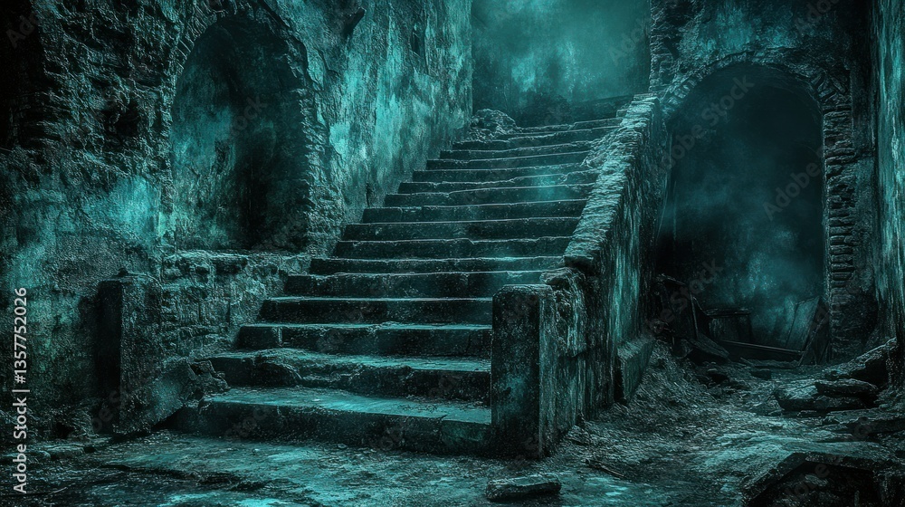 Fototapeta premium Ancient, crumbling staircase descends into a mystical, decaying ruin. Misty, ethereal light illuminates the stone pathway