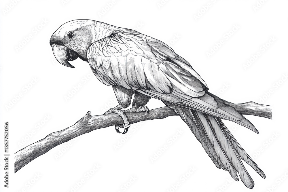 Fototapeta premium Intricate sketch of a parrot perched on a branch displaying detailed feathers and distinct features against a simple background Generative AI