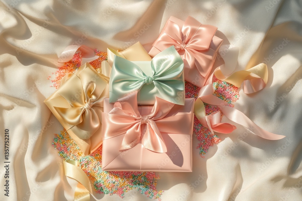 Pastel gift boxes with satin ribbons and sprinkles on a beige fabric. Pastel gift boxes with satin ribbons and sprinkles on a beige fabric.