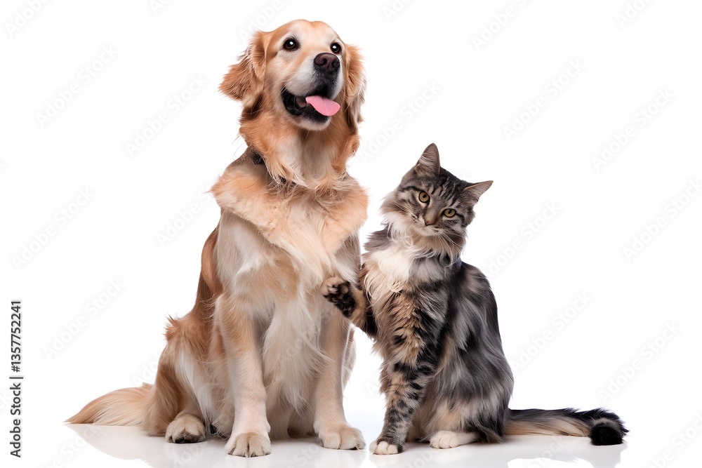 Fototapeta premium Friendly Golden Retriever and Cat Touching Paws