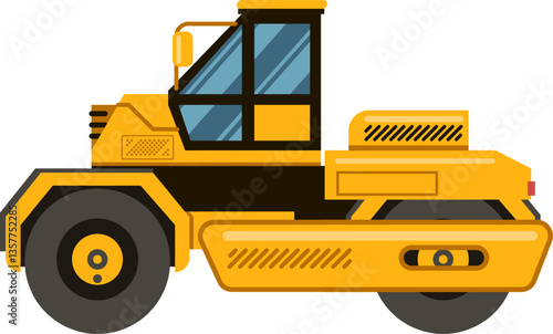 Yellow road roller flattening ground during road construction, showcasing heavy machinery in action. Essential equipment for civil engineering projects, ensuring effective compaction and leveling
