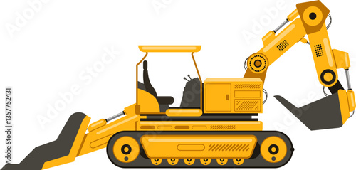 Powerful excavator extending its arm and bucket, ready for excavation work, demonstrating strength and capability for various construction tasks and earthmoving operations