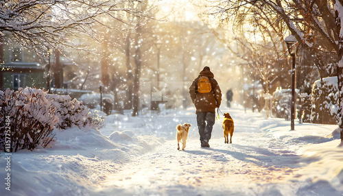 Walking Two Dogs in a Snowy Winter Park on Sunny Day