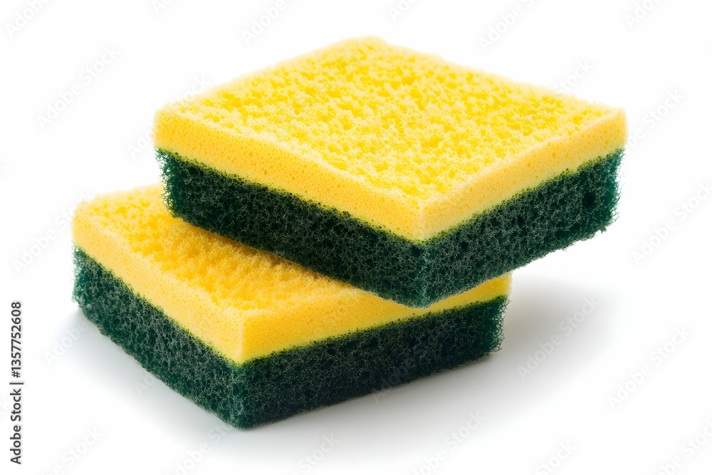 Two yellow and green sponges stacked on a white surface Two yellow and green sponges stacked on a white surface