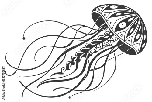 6 jellyfish silhouette, black and white illustration, flowing tentacles, minimalist design, marine life, geometric patterns, abstract art, negative space, stylized aquatic creature, symmetrical compos