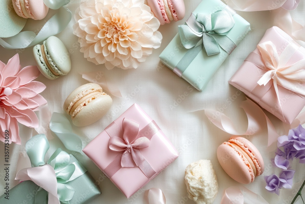 Pastel-colored macarons, gifts, and flowers arranged on a white background, creating a delicate and elegant aesthetic. Pastel-colored macarons, gifts, and flowers arranged on a white background, creating a delicate and elegant aesthetic.