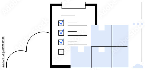 Clipboard with a checklist of marked tasks alongside stacked boxes. Ideal for productivity, logistics, planning, organization, task management, inventory, and efficiency themes. Flat simple metaphor
