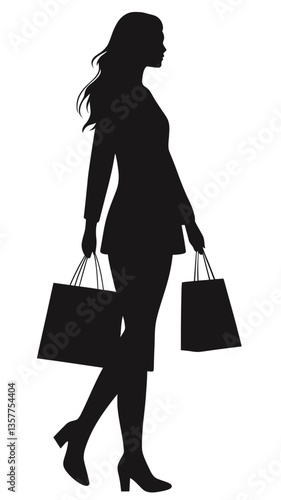 Silhouette of Woman Holding Shopping Bags in Flat Minimalist Style Vector Art