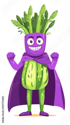 Cheerful Asparagus Superhero Cartoon Character in Violet Mask and Cape Vector Art