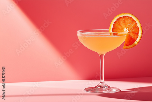 Bright cocktail glass with orange slice rests elegantly on a pink surface at a lively gathering