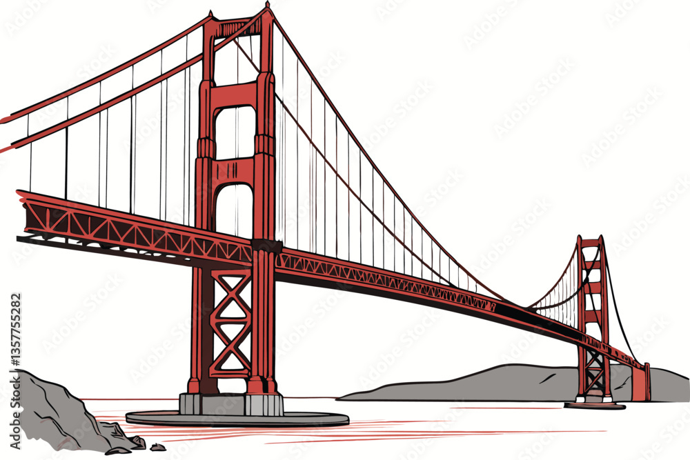 Fototapeta premium 8 Golden Gate Bridge, San Francisco, iconic landmark, architectural marvel, suspension bridge, red steel structure, towering towers, long cables, engineering feat, bay crossing, detailed illustration,