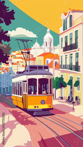 Retro Lisbon Travel Poster with Iconic Yellow Tram and Colorful Cityscape