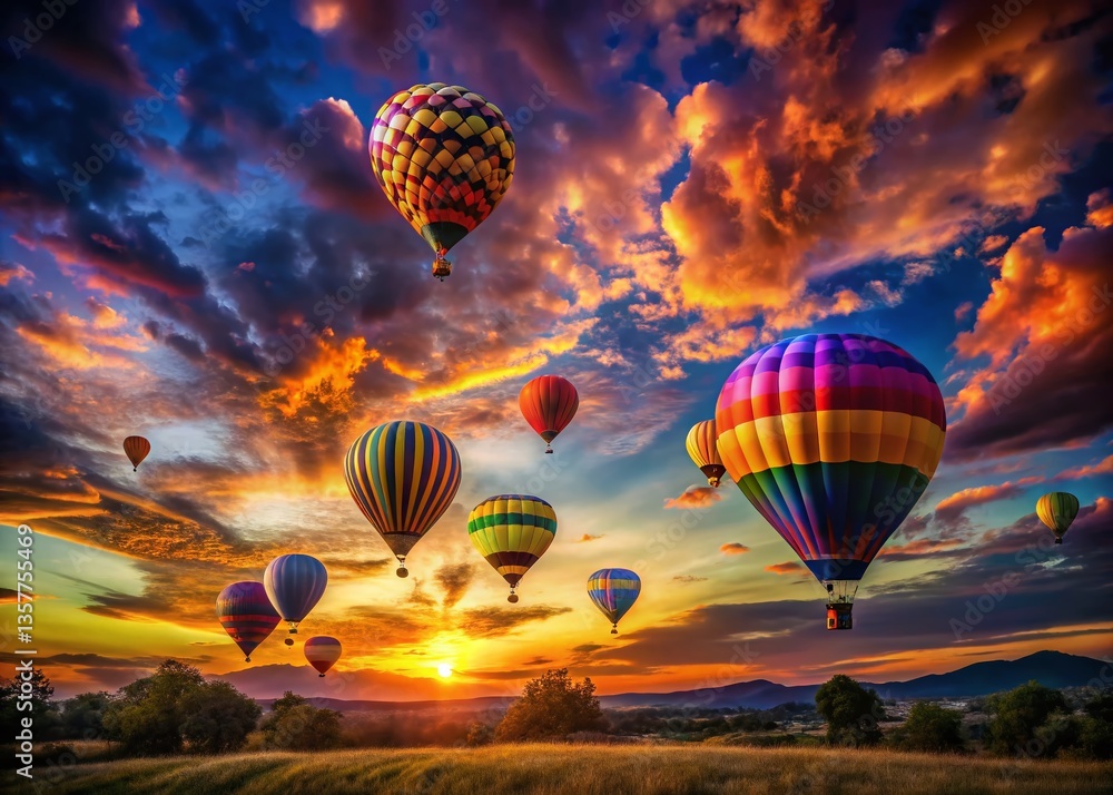 Fototapeta premium Silhouette Hot Air Balloon Pattern at Sunset, Romantic Sky, Aerial View