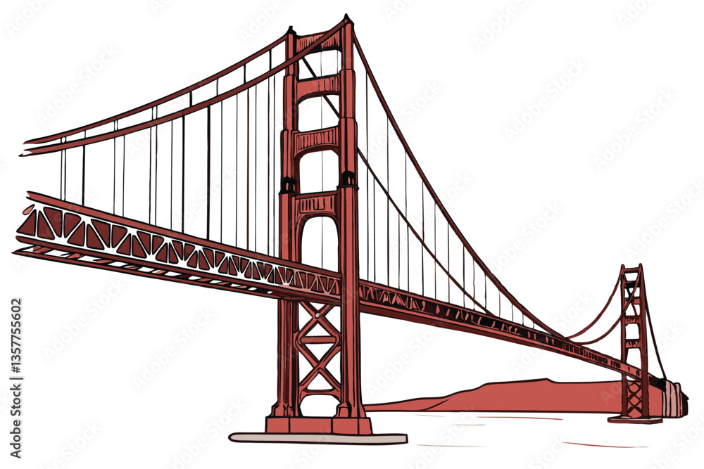 Obraz premium 8 Golden Gate Bridge, San Francisco, iconic landmark, architectural marvel, suspension bridge, red steel structure, towering towers, long cables, engineering feat, bay crossing, detailed illustration,