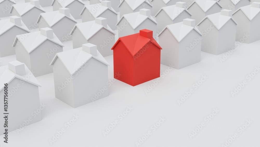 Minimalist 3d digital rendering of monochromatic houses with a striking red roof in a uniform pattern Minimalist 3d digital rendering of monochromatic houses with a striking red roof in a uniform pattern