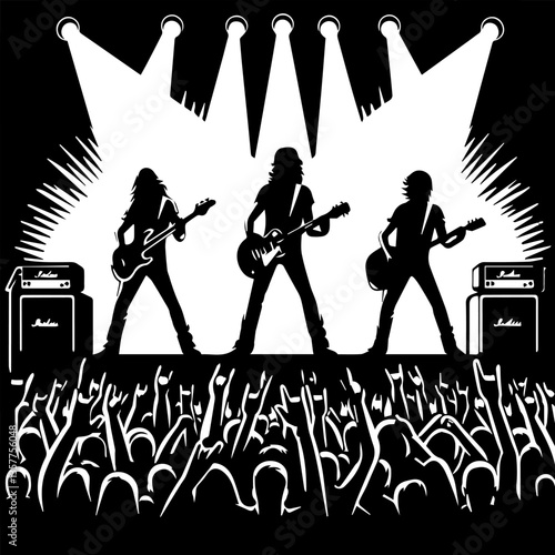 Black and white silhouette of a rock concert and fans. Vector graphics. EPS.