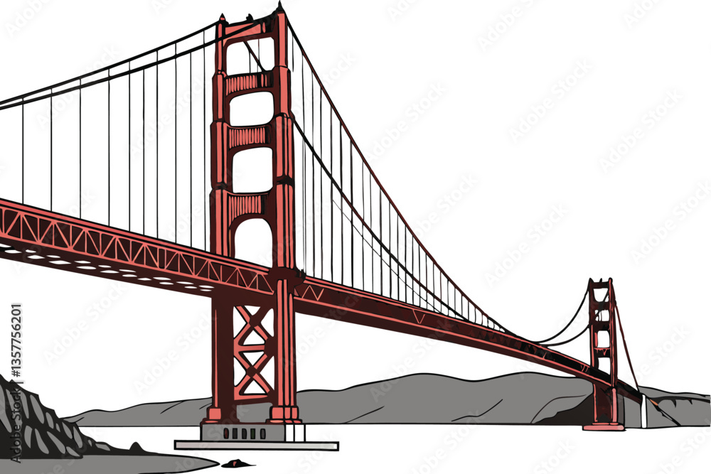 Fototapeta premium 8 Golden Gate Bridge, San Francisco, iconic landmark, architectural marvel, suspension bridge, red steel structure, towering towers, long cables, engineering feat, bay crossing, detailed illustration,