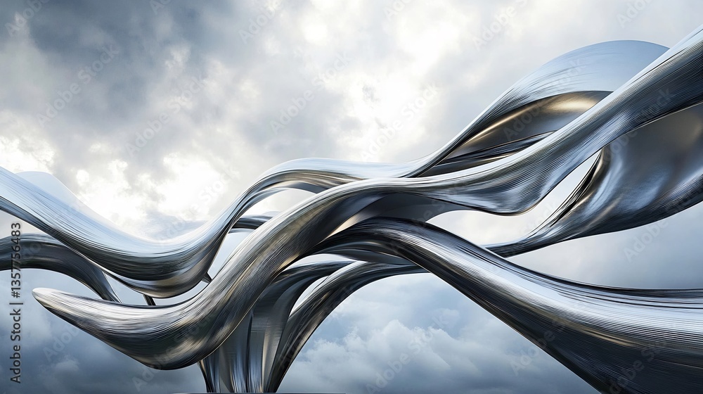 Futuristic minimalist energy station with flowing metallic designs under a cloudy sky Futuristic minimalist energy station with flowing metallic designs under a cloudy sky