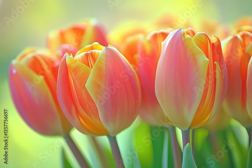 春の暖かい日差しの中で咲くカラフルなチューリップの花々の様子