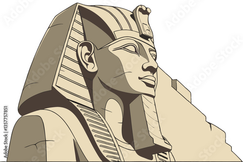 9 Ancient Egyptian pharaoh statue, limestone sculpture, Ramses II, colossal seated figure, hieroglyphics, detailed headdress, ornate crown, regal pose, weathered stone texture, beige and brown tones, 