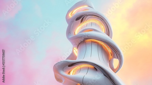 Futuristic observation tower with organic curvilinear designs and glowing accents on a colored background