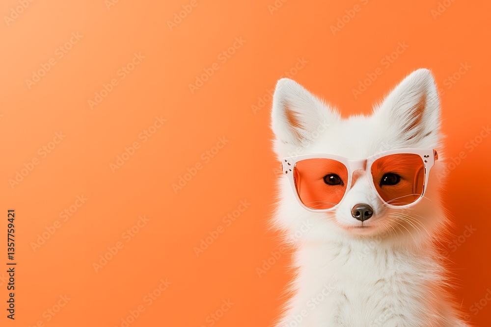 Obraz premium White fox with stylish sunglasses against vibrant orange background