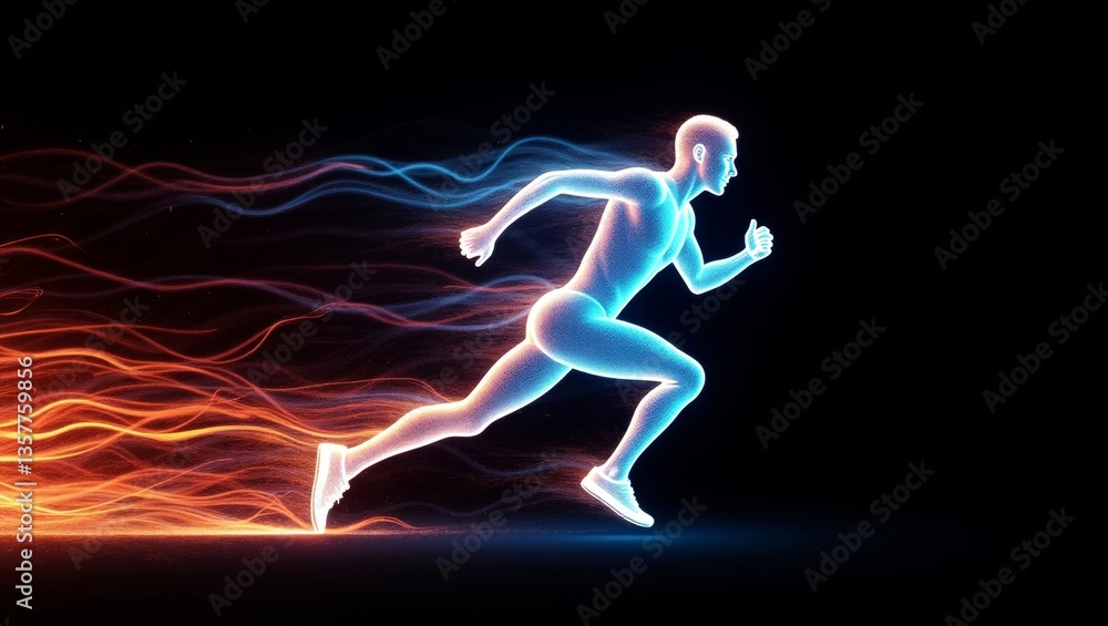 Abstract digital artwork of a male runner in motion with neon streaks of energy against a black background Abstract digital artwork of a male runner in motion with neon streaks of energy against a black background