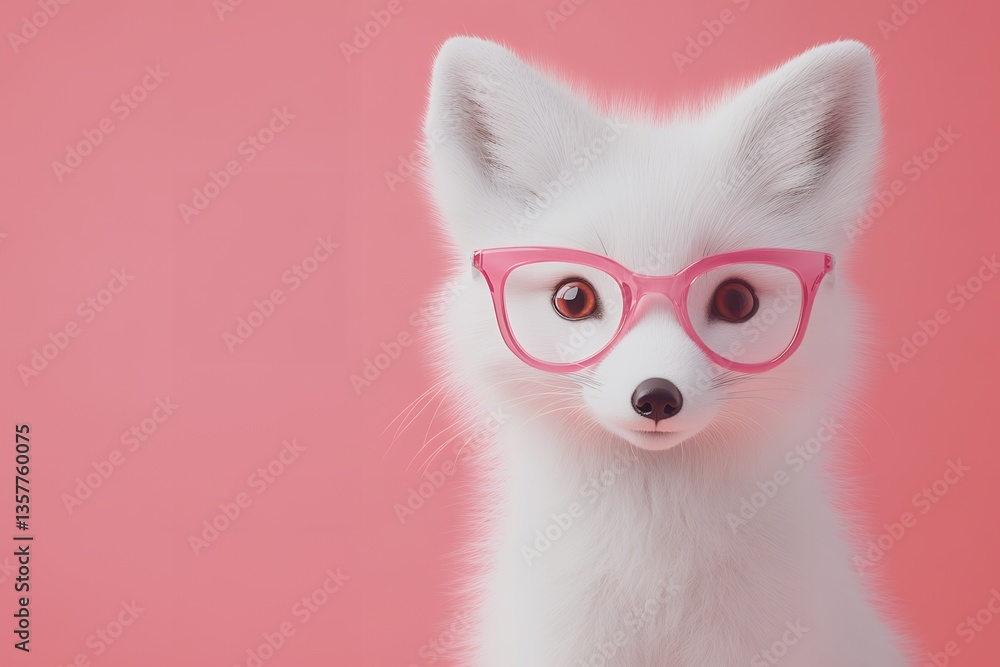 Obraz premium Adorable arctic fox wearing pink glasses against pink background