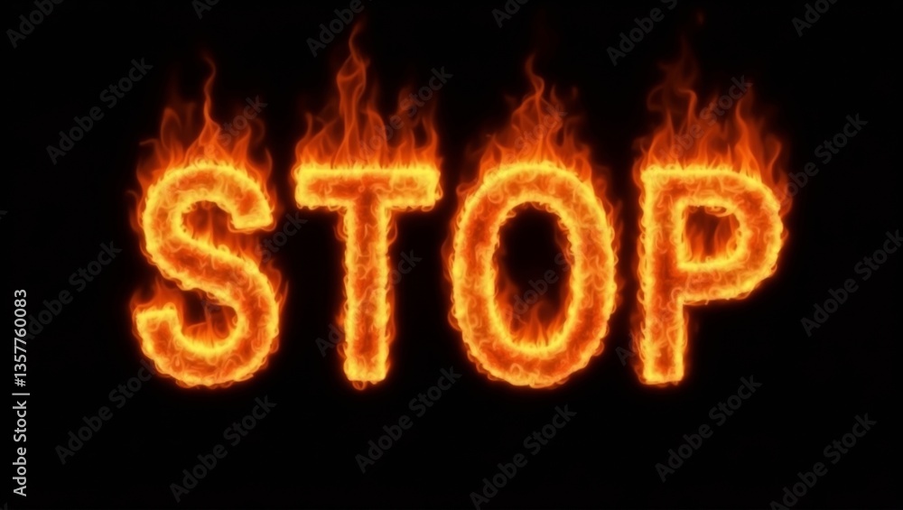 Fiery stop graphic in bold letters with flames and black background for urgent messaging Fiery stop graphic in bold letters with flames and black background for urgent messaging