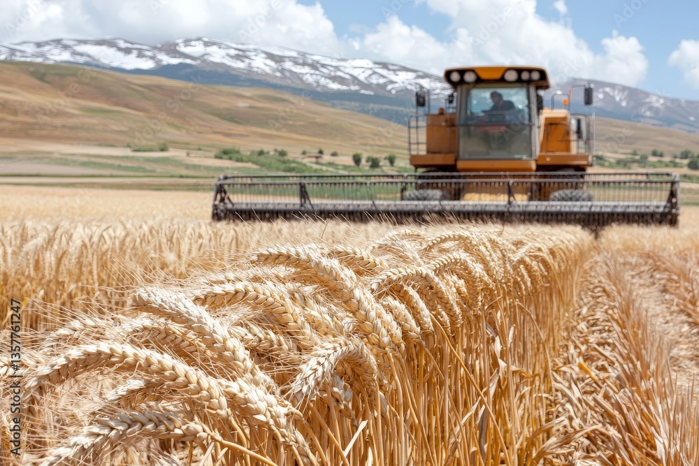 Fototapeta premium Modern yellow combine harvester cutting through ripe golden wheat field under bright blue sky showcasing advanced agricultural machinery and industrial food production