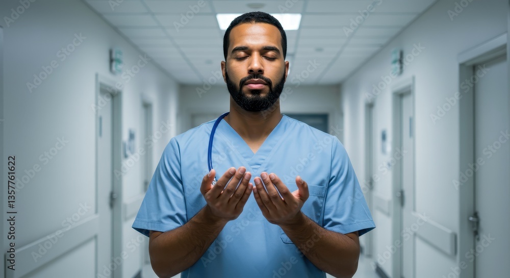 Obraz premium Peaceful Doctor Meditating in Hospital Corridor