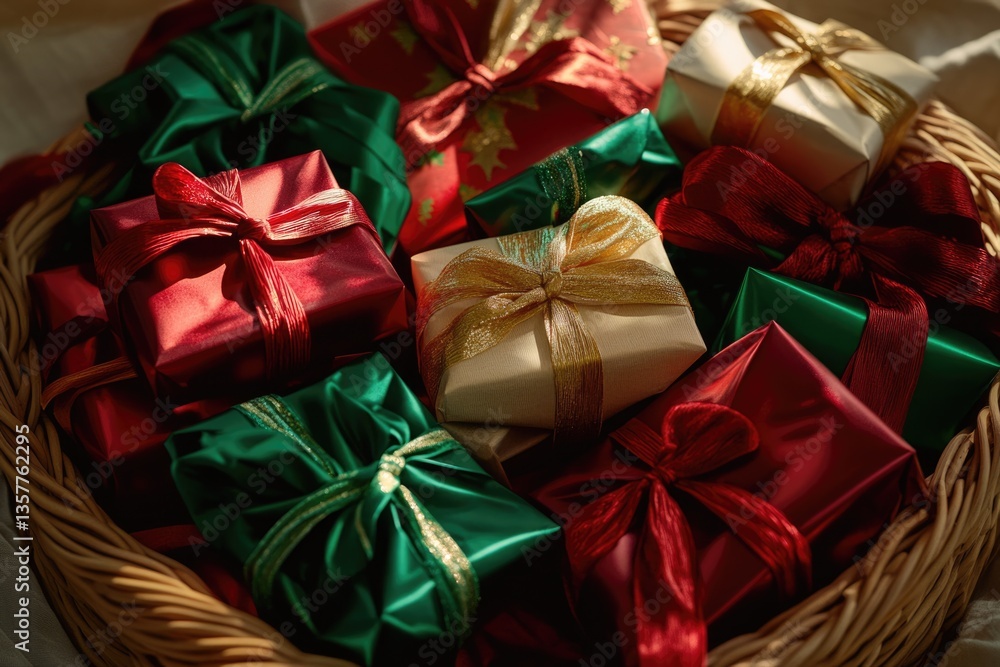 A wicker basket overflowing with beautifully wrapped Christmas gifts in red and green, tied with elegant ribbons. A wicker basket overflowing with beautifully wrapped Christmas gifts in red and green, tied with elegant ribbons.